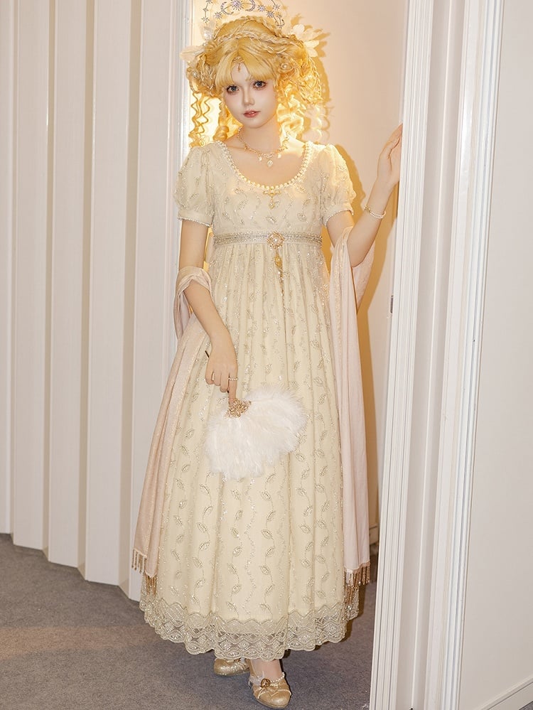 Allover Beaded Leaves Design Beige Empire Waist Elegant Lolita One Piece Long/Short Version