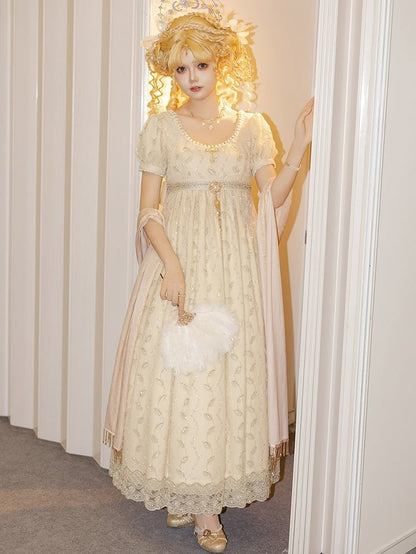 Allover Beaded Leaves Design Beige Empire Waist Elegant Lolita One Piece Long/Short Version