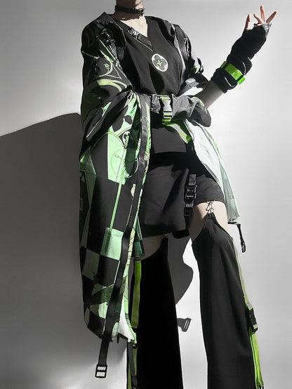 Green Cyberpunk Techwear Ouji Fashion Cat Ears Hooded Top Buckle Strappy Details