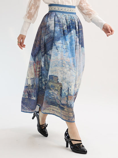 Gare Saint-Lazare Oil Painting Print Blue High Waist Skirt Short Version