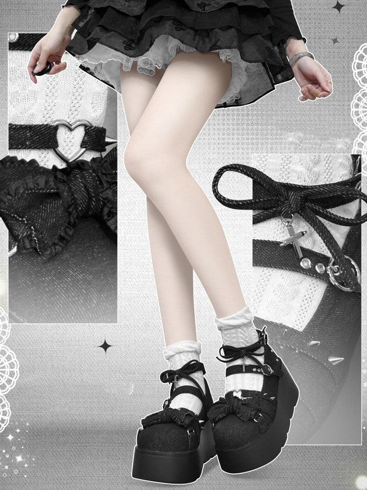 Spike Studs Bow Accents Black Cross Gothic Platforms Punk Shoes