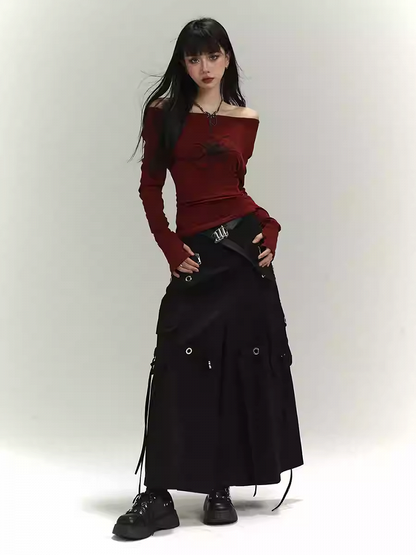 Black Zipper and Ring Detail Cargo Pockets Loose Skirt