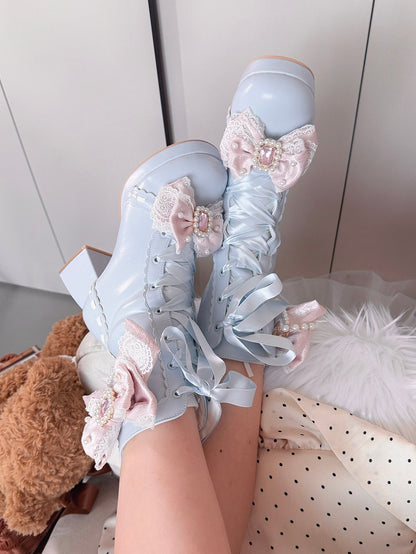 Sweet Lolita Blue Boots in PU - Rhinestone Bead Accents Pink Bowknot Details & Dual Closure System