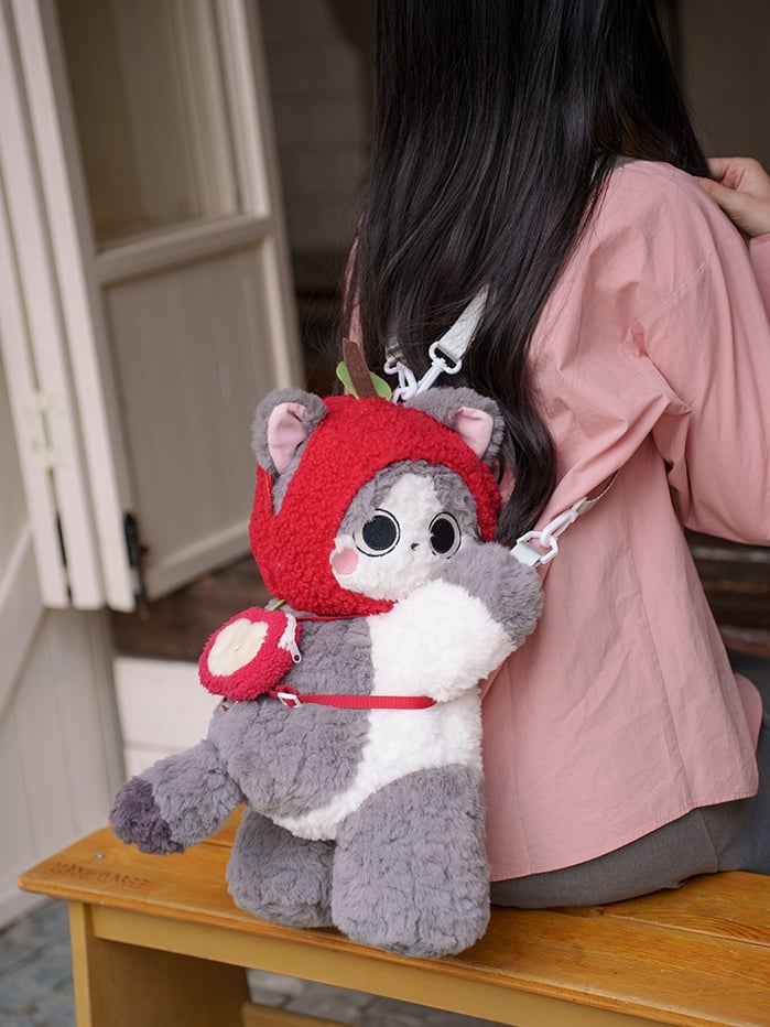 Gray Cute Plush Kitty Backpack/Crossbody Bag