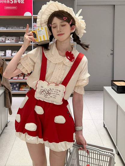 Fleece White Spot Applique Red Sweet Lolita Mushroom Bubble Short with Detachable Straps