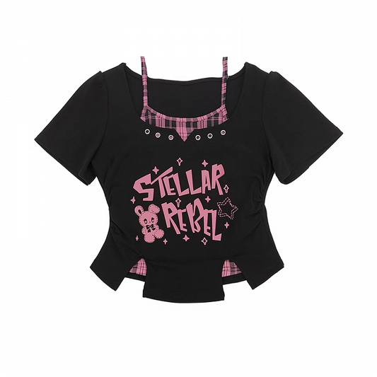Y2K Black & Pink/Black & White Bunny Print T-Shirt Faux Two-Pieces