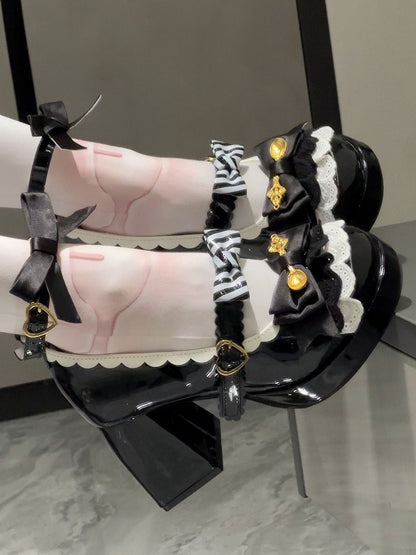 Sweet Black Lolita Mary Janes with 8cm High Heel - Delicate Layered Lace, Bow Embellishments & Ornate Heart Fastener