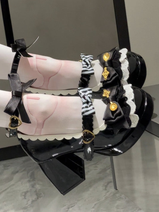 Sweet Black Lolita Mary Janes with 8cm High Heel - Delicate Layered Lace, Bow Embellishments & Ornate Heart Fastener