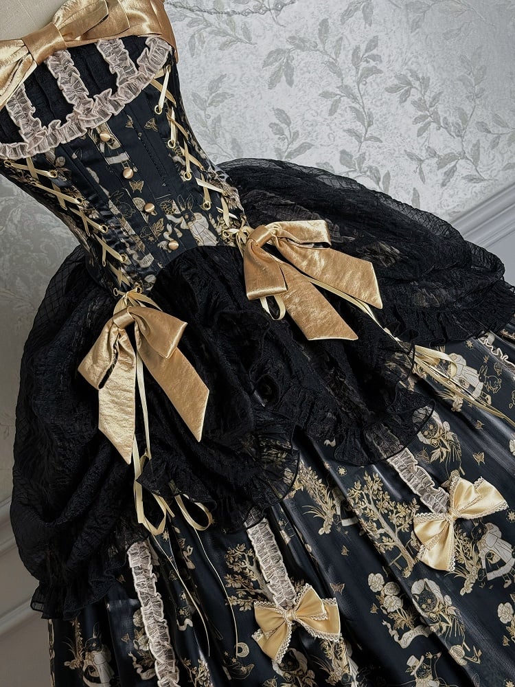 Black and Gold Corset Waist Drawstring Overlay Skirt Lolita Jumper Skirt