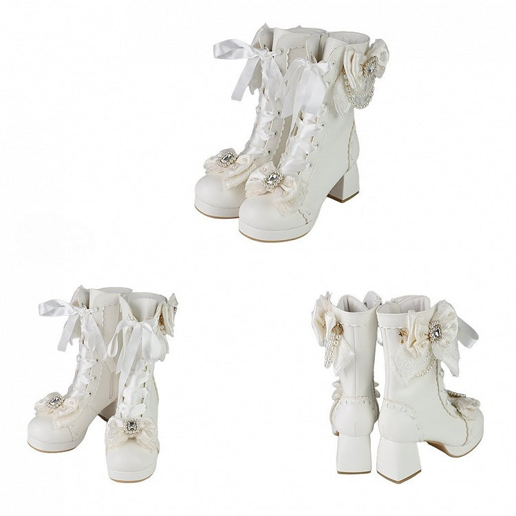 Delicate Bow, Elegant Lacing & Inner Side Zipper PU White Boots in Sweet Lolita