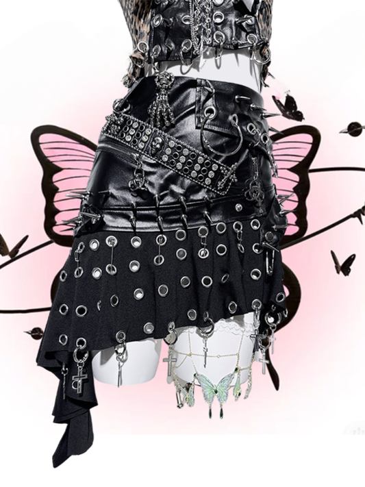Punk Black Ring Cross Studs Asymmetrical Hem PU Skirt