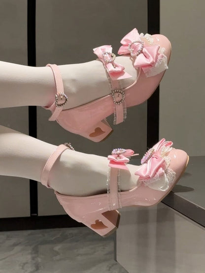 Pink Bow at Top Heart Cut-out Heels Mary Janes