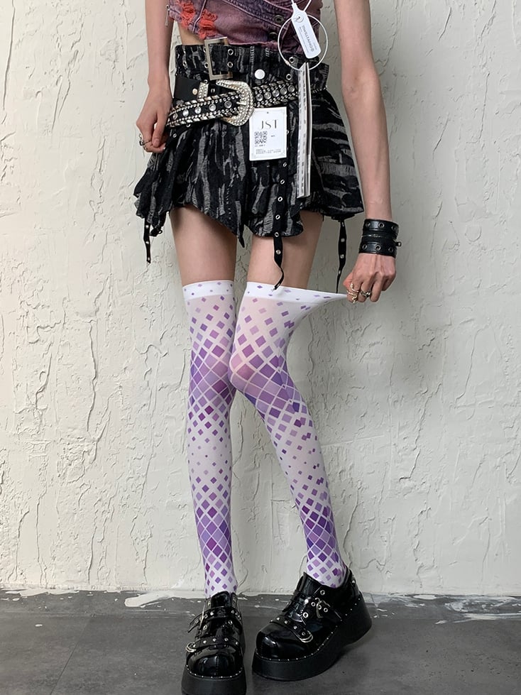 White&Purple Y2K Diamond Pattern Overknee Stockings
