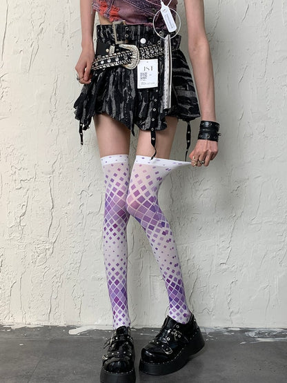 White&Purple Y2K Diamond Pattern Overknee Stockings