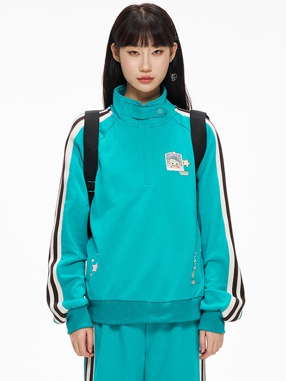 Blue High Neck Sporty Sweatshirt with Side Stripes