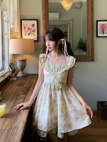 Light Green Plaid Flutter Sleeves Cartoon Print Mori Kei Halter Dress