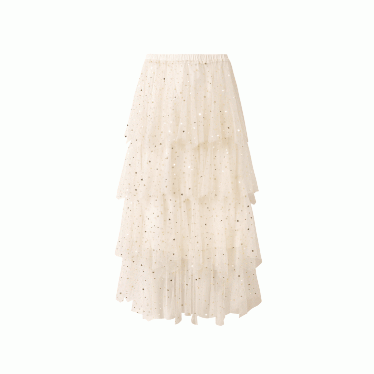 Black/White/Apricot Elastic Waist Sequin Details Tiered Mesh Skirt