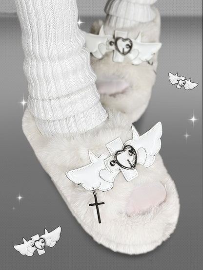 Cross Wings Decorated White Plush Platform Slippers Punk Winter Shoes