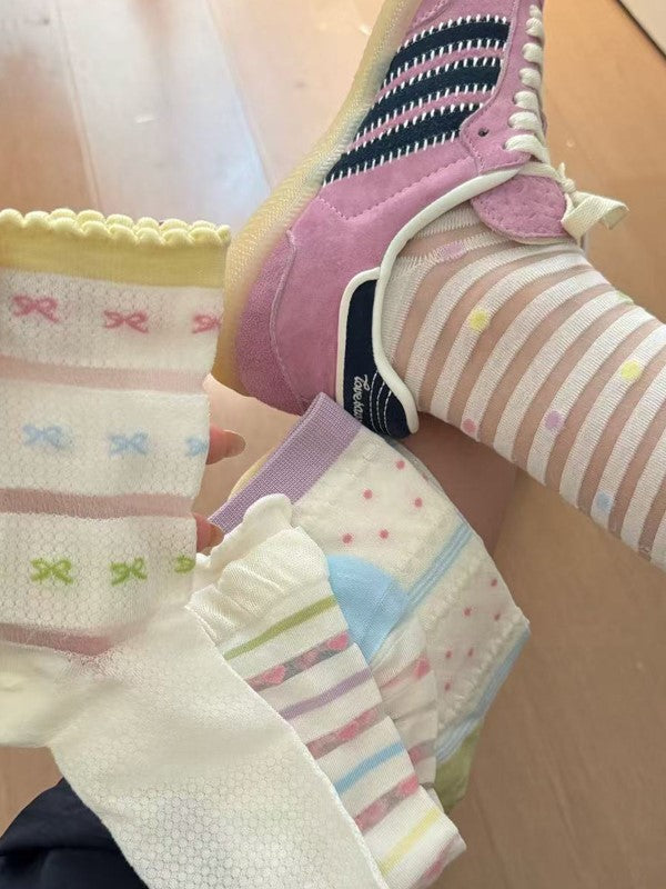 Colorful Stripes Polka-dot/Bowknot/Floral Pattern Hollow-out Calf Socks