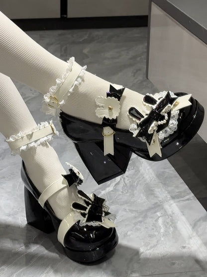 Polished Black Sweet Lolita Bunny Decorated Bowknot Details Lace Trim Platform High Block Heels