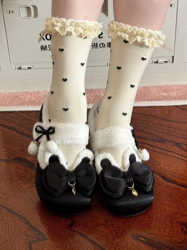 Black Sweet Lolita Heart Charm Plush Bunny Ear Bow at Top Round Toe Shoes