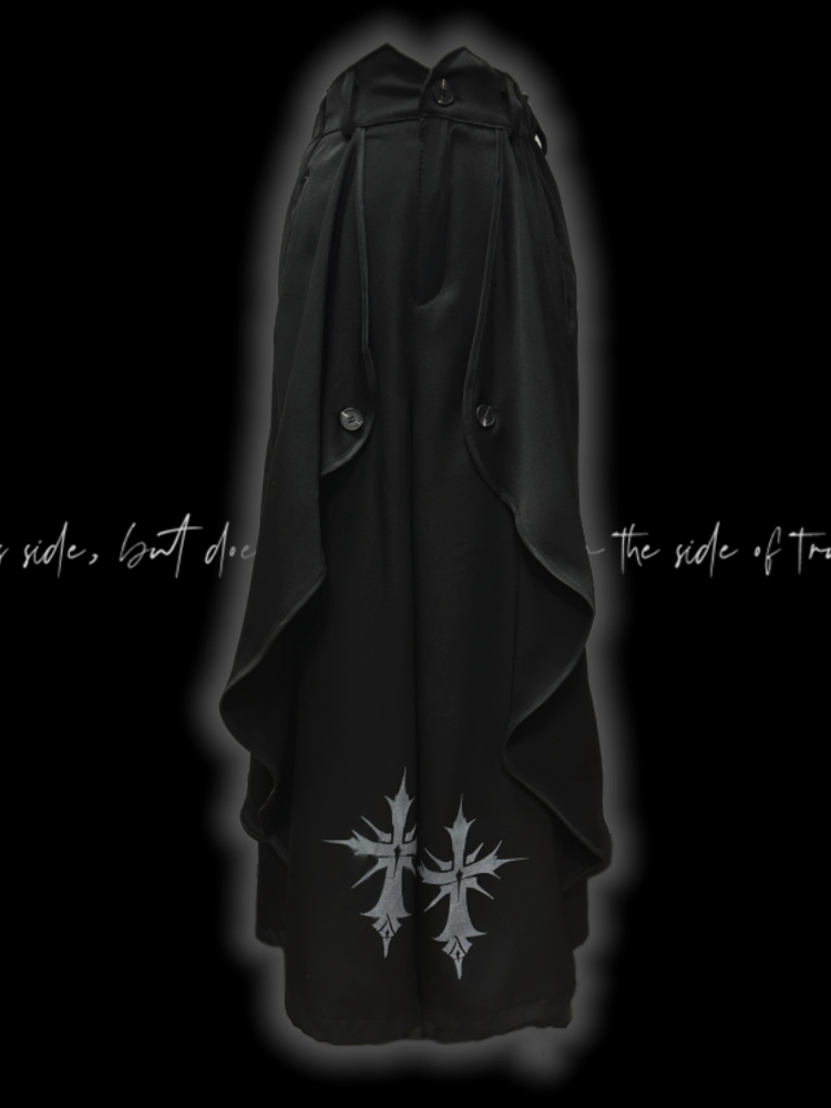 Black Cross Print Asymmetrical Hem Wide-Leg Pants