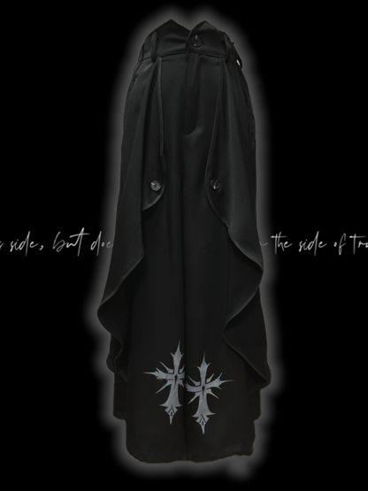 Black Cross Print Asymmetrical Hem Wide-Leg Pants