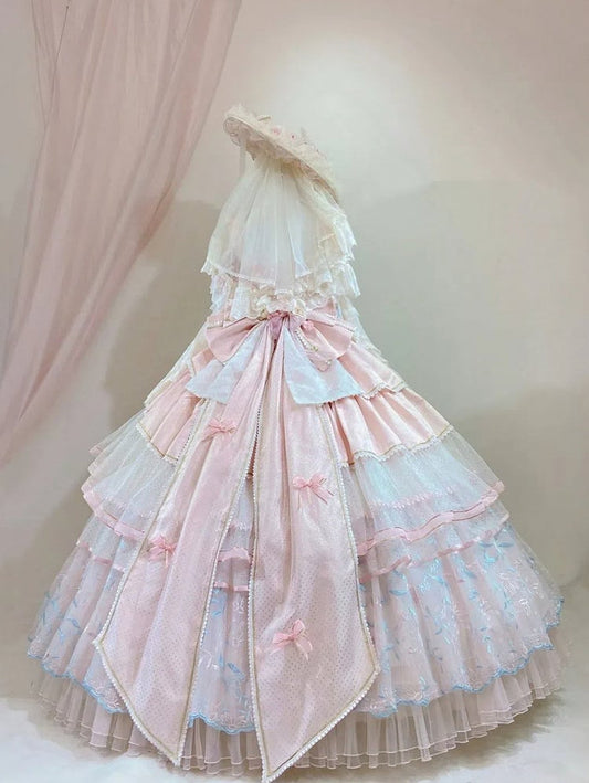 Clearance-Size S for Bust 80CM Pink Corset Bodice Hanayome Hime Lolita Floral Embroidery Layered Floor Length Dress Long Version