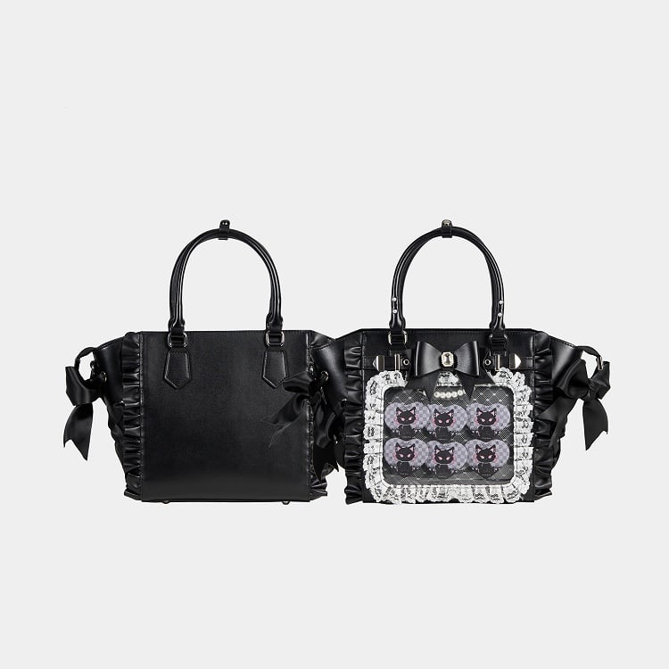 Jirai Kei Black Lace Trim Ita Tote – Large Capacity, Top Handle
