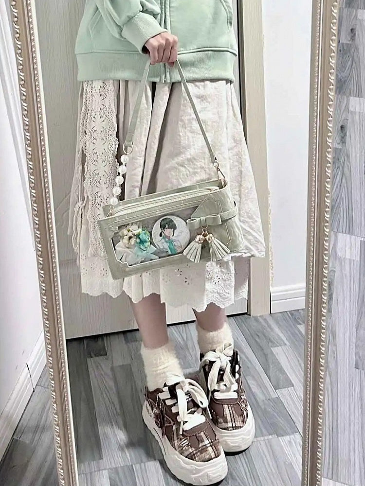 Green PU Floral Pattern Cheongsam Style Ita Bag With Bow & Fringe Accent