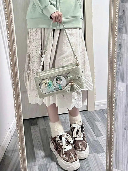 Green PU Floral Pattern Cheongsam Style Ita Bag With Bow & Fringe Accent