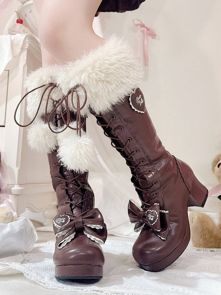 Cozy Fur Cuff, Delicate Bows & Playful Pompoms with Secure Dual Closure PU Brown Mid-heel Boots in Sweet Lolita