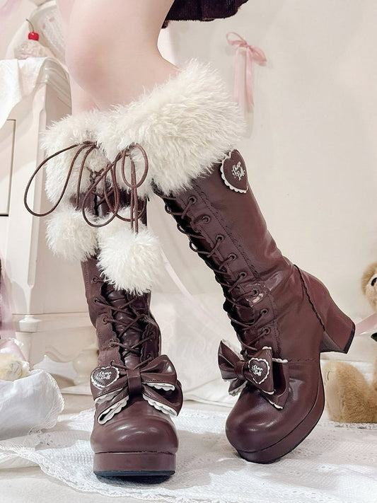 Cozy Fur Cuff, Delicate Bows & Playful Pompoms with Secure Dual Closure PU Brown Mid-heel Boots in Sweet Lolita