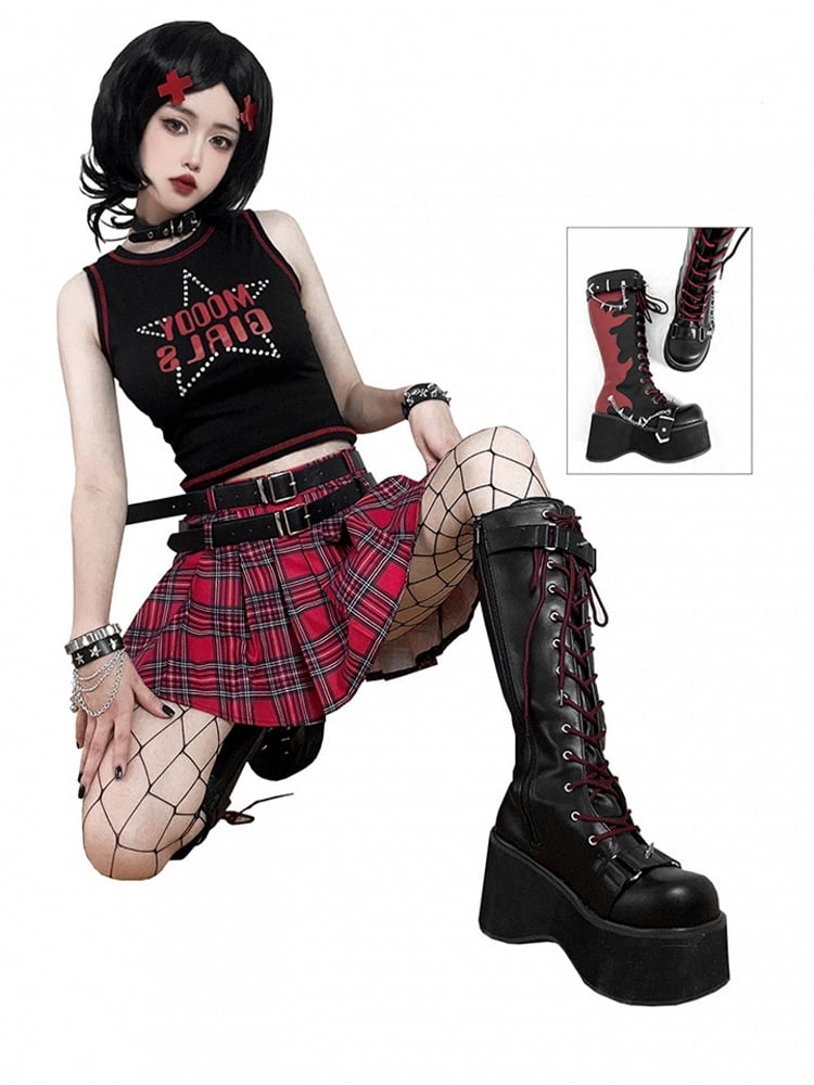 Black and Red Punk Goth Platform Boots Spike Studs Chains Knee-high Boots