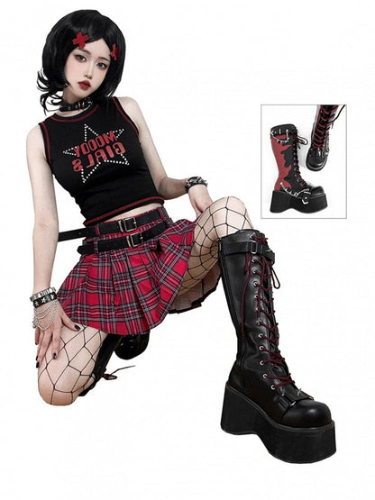 Black and Red Punk Goth Platform Boots Spike Studs Chains Knee-high Boots