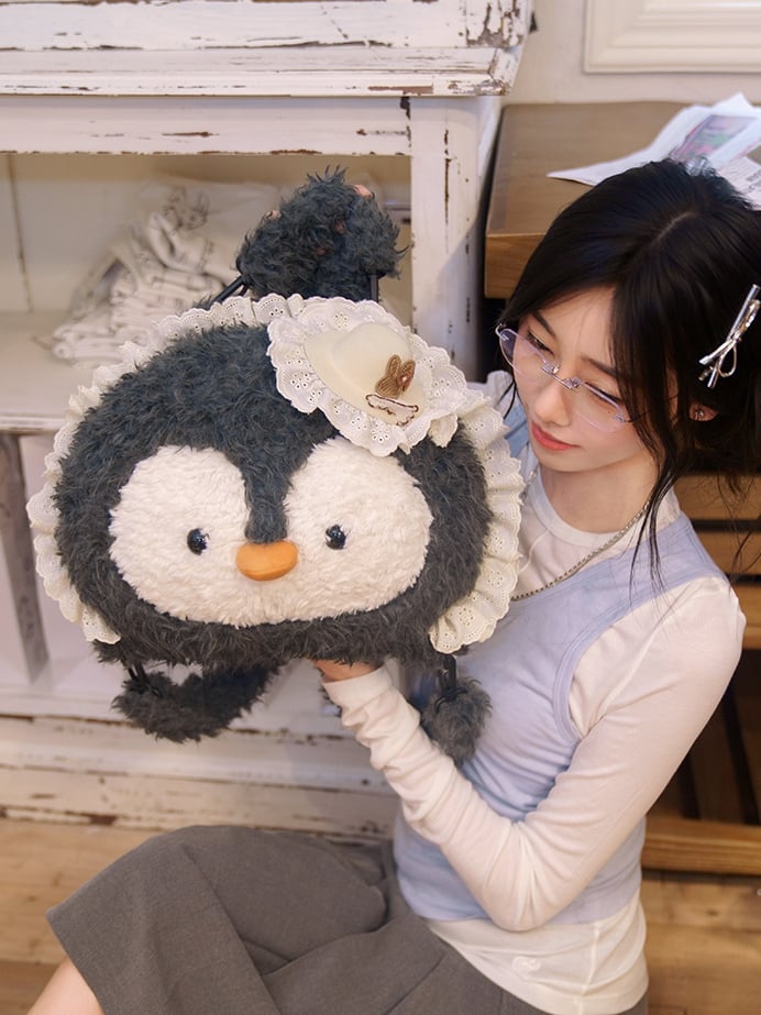 Gray Penguin-shaped Lace Trim Plush Backpack