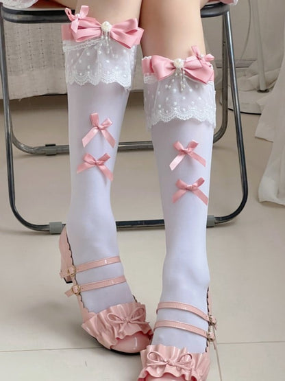 Black/White Underknee Stockings With Pink Bowknot Details And White Lace Cuff