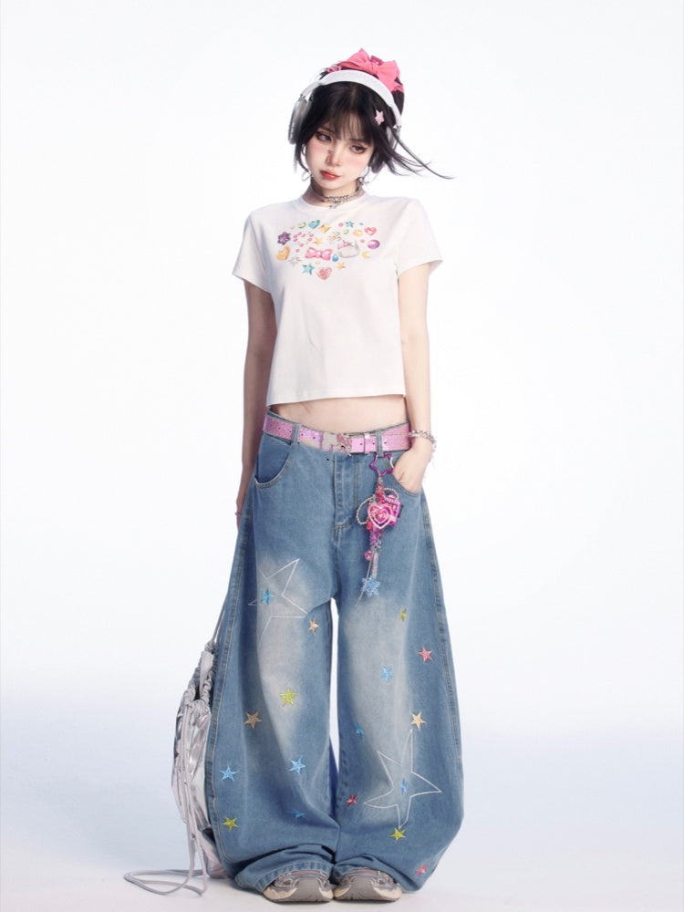 Adorable Print White Round Neck Slim Fit T-shirt