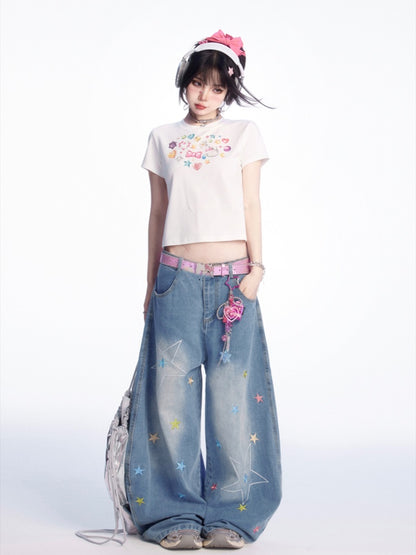 Adorable Print White Round Neck Slim Fit T-shirt