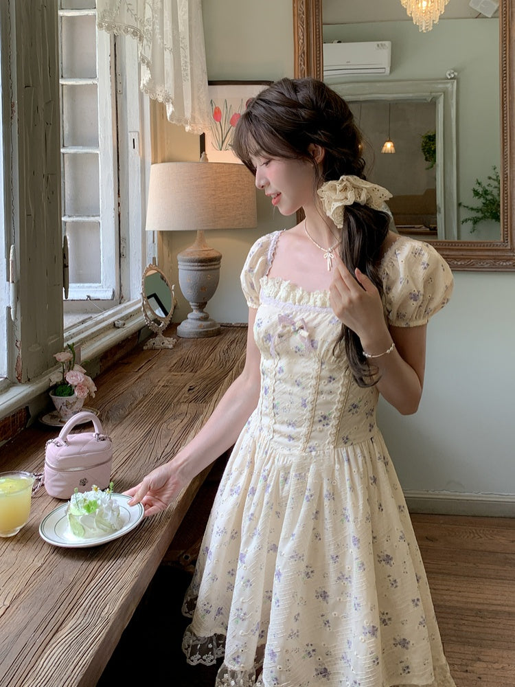 Beige Square Neckline and Short Puff Sleeves Mori Kei Floral Dress