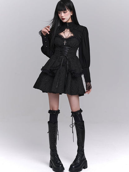 Black Sweetheart Neckline Lace-up Front Tiered Skirt Gothic Sleeveless Dress