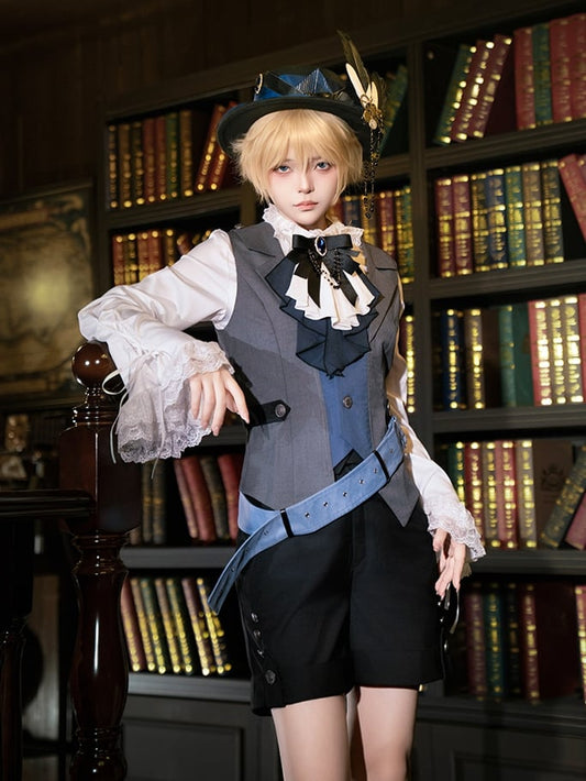 Ouji Lolita Steampunk Five-Piece Set - Waistcoat + One-shoulder Cape + Shorts + Belt + Feather Brooch