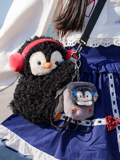 Black Cute Penguin Plush Backpack/Crossbody Bag +Keychain