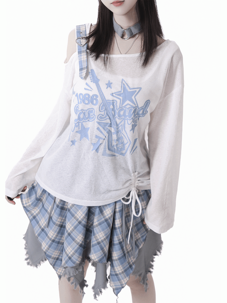 Blue/Black Guitar Print Asymmetrical Neckline Coverup with Free Choker