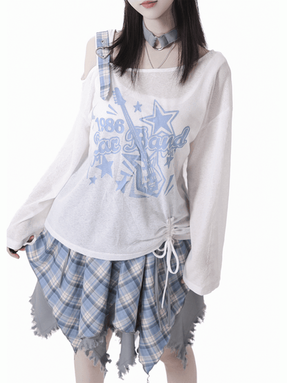 Blue/Black Guitar Print Asymmetrical Neckline Coverup with Free Choker