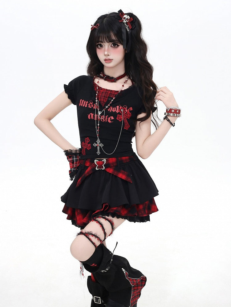 Y2K Plaid Cross Appliques Chains Decorated T-shirt Black/White Faux Two-pieces