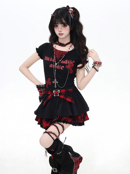 Y2K Plaid Cross Appliques Chains Decorated T-shirt Black/White Faux Two-pieces