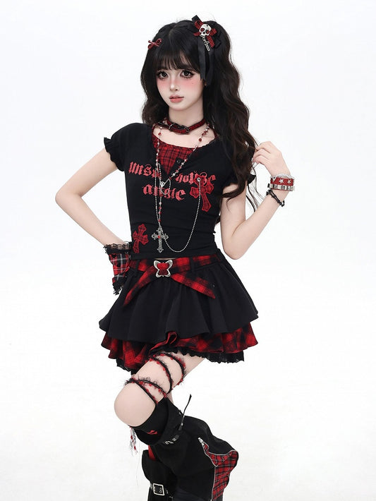 Y2K Plaid Cross Appliques Chains Decorated T-shirt Black/White Faux Two-pieces