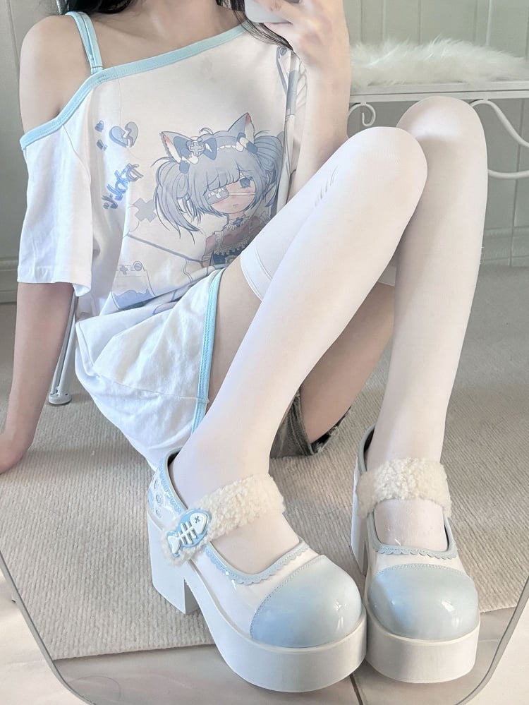 Tenshi Kaiwai Light Blue Jirai Kei Claw Fishbone Design Platform Shoes
