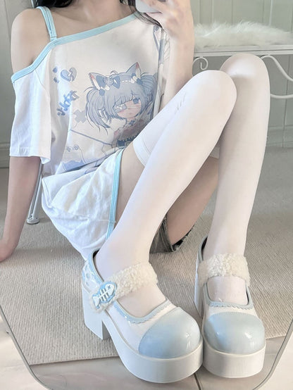 Tenshi Kaiwai Light Blue Jirai Kei Claw Fishbone Design Platform Shoes